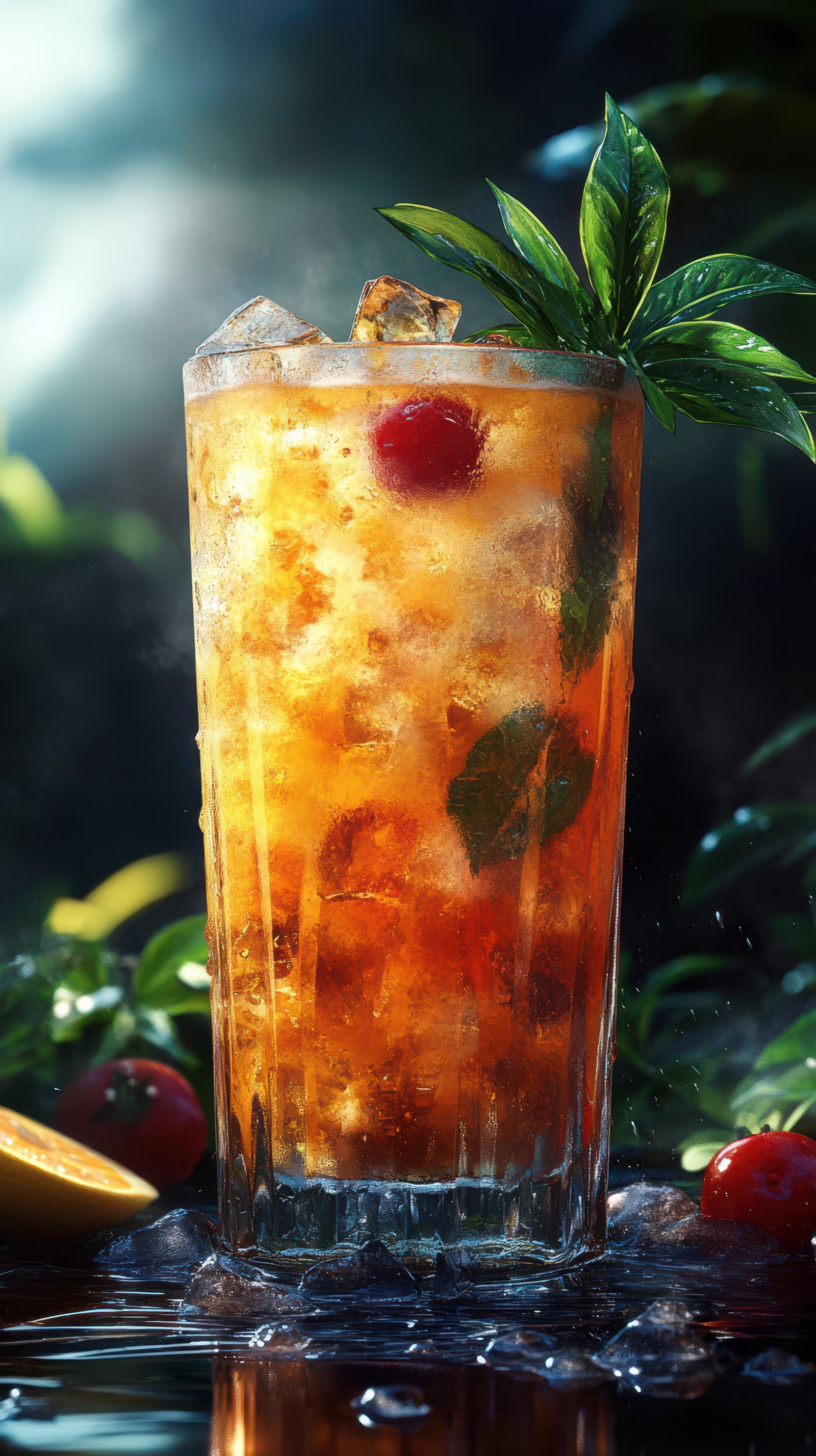 Refreshing iced beverage in a tall glass with mint and cherry garnishes under natural light